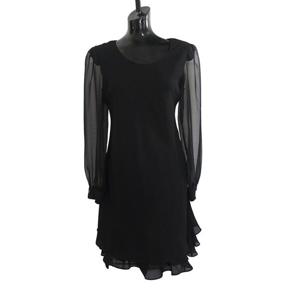 Vtg Black Cocktail Dress Sz 8 Long Sleeve Sheer Chiffon Flutter Hem CACHET USA - Picture 1 of 7